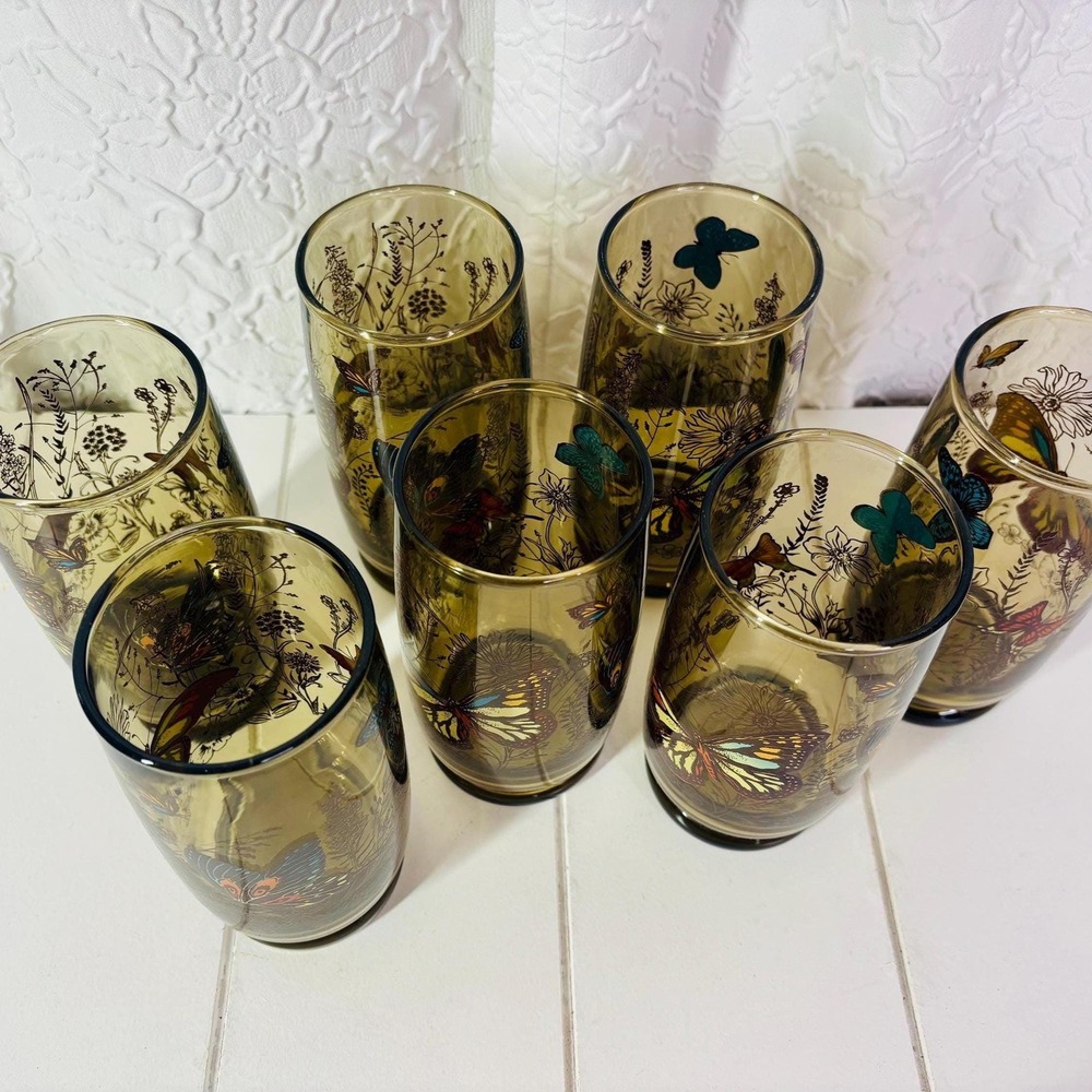 Vintage MCM Amber Tumbler Glasses Colorful Boho Bohemian Butterfly - Picture 7 of 8